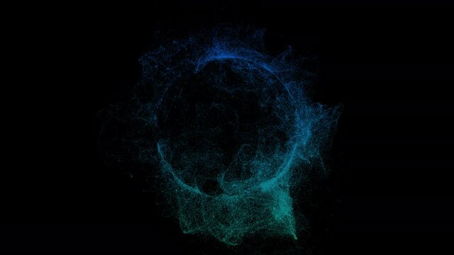 Blue and green circle particles fly in slow motion in the air black background 