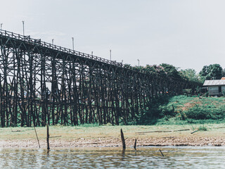 the wooden bridge or Sapan Mon it is a landmark and unseen Thailand at Sangkhla Buri District, Kanchanaburi province, Thailand's 