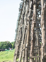 close up focus the wooden bridge or Sapan Mon it is a landmark and unseen Thailand at Sangkhla Buri District, Kanchanaburi province, Thailand's 
