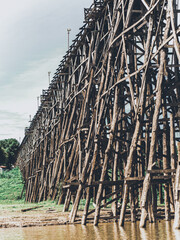 close up focus the wooden bridge or Sapan Mon it is a landmark and unseen Thailand at Sangkhla Buri District, Kanchanaburi province, Thailand's 