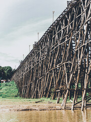 close up focus the wooden bridge or Sapan Mon it is a landmark and unseen Thailand at Sangkhla Buri District, Kanchanaburi province, Thailand's 