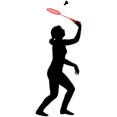 Black silhouette of female badminton player on white background
