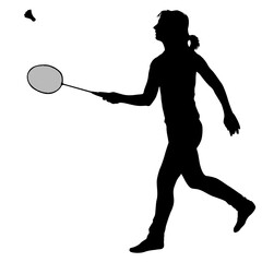 Black silhouette of female badminton player on white background