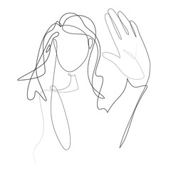 Woman is showing stop violence gesture. Black and white one line vector drawing. Vector illustration. NO sign. Girl showing a stop sign with her hand