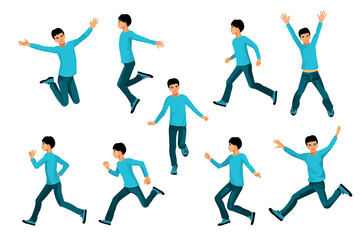 Nine isolated vector figures of an asian teenager boy running. jumping, dancing, raising hands