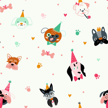 Children's seamless pattern with funny creative dog faces. Trendy scandinavian vector background.