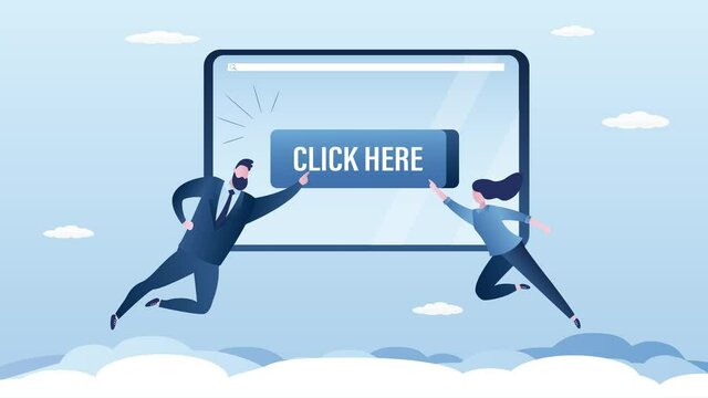 Funny people fly and pushes button on tablet pc. 4K footage. Online application launch. Click here- text on button. 2d animation. Promotion, marketing campaign.