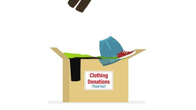 Clothing donation, motion video. Various clothes fall into cardboard box. Charity donation concept, second hand things. Support and humanitarian aid.