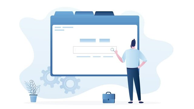 Web interface, search field. Male user searching data in internet browser. 4K footage. Businessman clicking on webpage.