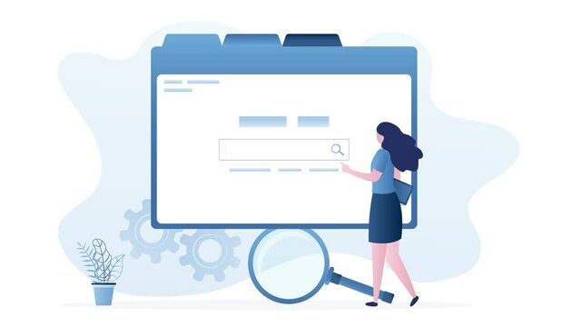 Web interface, search field. Female user searching data in internet browser. 4K footage. Business woman clicking on webpage. Motion video.