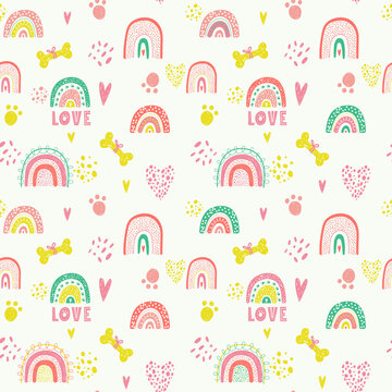 Seamless pattern with rainbows, bones and heart animal foot print for dog lovers. Creative childish texture. Great for fabric, textile Vector Illustration