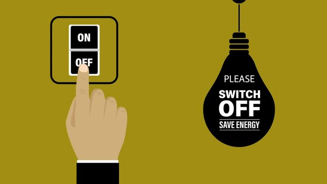 Please switch off electricity, save energy, motivational video motion. Man's hand presses shutdown button. Light bulb on yellow background. Bulb with text. Problem of ecology and energy conservation.