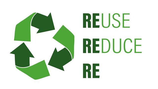 Motivational video clip. Spinning recycling symbol and an emerging slogan - reuse, reduce, recycle. 4K footage on ecological theme.