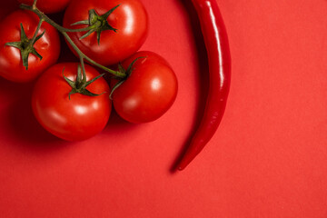 Juicy red vegetables tomatoes and chili peppers on a bright red background. Kitchen. background for restaurant. tomato sprig.