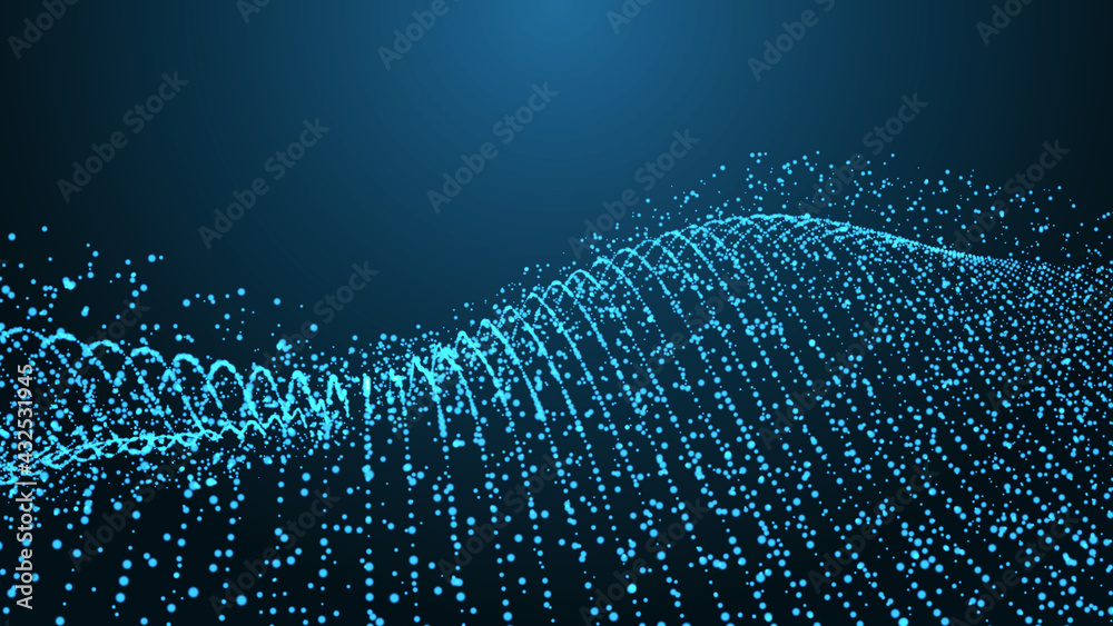 Poster abstract digital background. futuristic wave of dots and weave lines. digital technology. 3d renderi