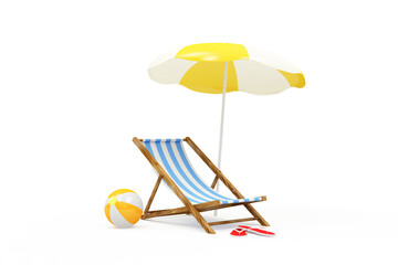 Summer Concept. Deck Chair with Sunshade and Color Beach Ball on white background - 432531910