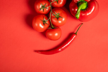Juicy red vegetables tomatoes and chili peppers and bell peppers on a bright red background. Kitchen. background for restaurant. tomato sprig.