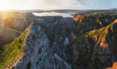 Russia, Republic Of Dagestan. Chirkeyskaya HPP at dawn in the spring.