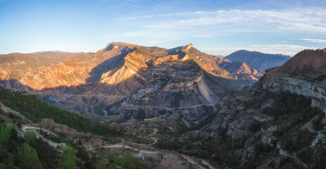 Gunib highland village placed on a mountain plateau in Caucasus Mountains. Alpine village Gunib. Republic of Dagestan