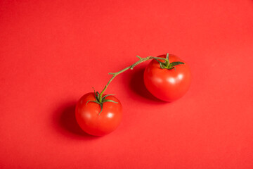 Juicy tomatoes on a bright red background. Fresh vegetables on a branch. Kitchen. background for restaurant.
