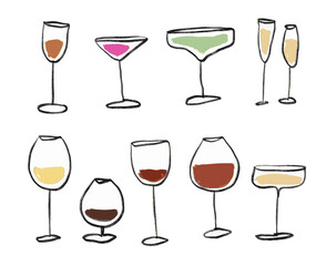 Wine and cocktails . Vector illustration. Doodle style