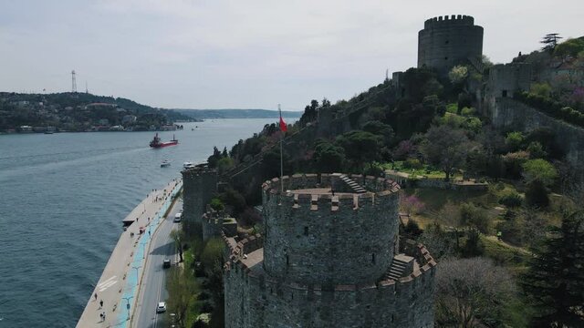 Rumeli Hisari Fortress in Istanbul. April 27 - 2021. View from the drone Full HD format. In sunny weather with a view of the Bosphorus. Rumelihisari also known as Bogazkesen Castle. Part4