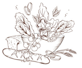 Bowl of vegetable salad and whole grain bread, engraving hand drawn vector illustration isolated on white background. Healthy food emblem - vegetarian food collection.