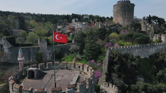 Rumeli Hisari Fortress in Istanbul. April 27 - 2021. View from the drone Full HD format. In sunny weather with a view of the Bosphorus. Rumelihisari also known as Bogazkesen Castle. Part5
