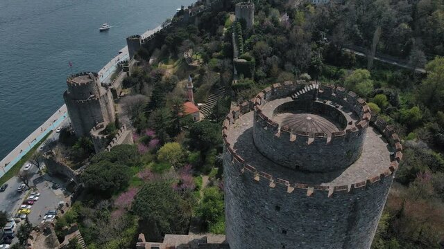 Rumeli Hisari Fortress in Istanbul. April 27 - 2021. View from the drone Full HD format. In sunny weather with a view of the Bosphorus. Rumelihisari also known as Bogazkesen Castle. Part6