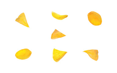 Set potato and corn chips isolated on a white background. Nachos. Mexican food. Appetizer. Hand drawing. Oil painting