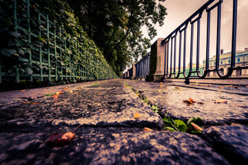 Rainy autumn day in the city, an alley in the park running along the embankment. Wide angle view from the level of granite pavement
