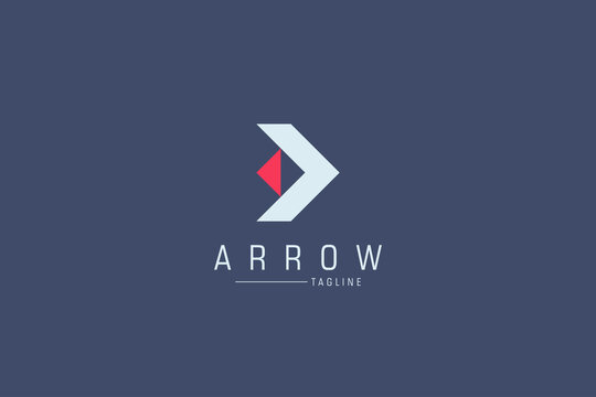 Right Arrow Logo. Red and White Geometric Head Arrow Shape isolated on Blue Background. Usable for Business and Technology Logos. Flat Vector Logo Design Template Element.