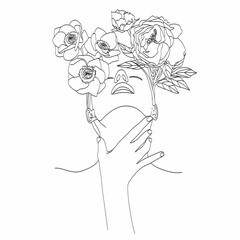 Abstract face with flowers, line drawing. Portrait minimalistic style. Botanical print. Nature symbol of cosmetics. Modern continuous line art. Fashion print. Beaty salon art