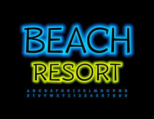 Vector illuminated Sign Beach Resort. Electric Blue Font. Neon Alphabet Letters and Numbers set