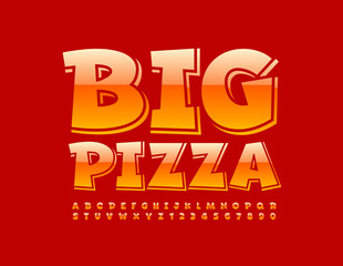 Vector Bright Sign Big Pizza. Modern Glossy Font. Artistic Alphabet Letters and Numbers set