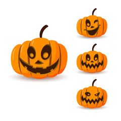 Halloween pumpkin icon 3D set. Autumn symbol. Cartoon horror design. Halloween scary pumpkin face, smile. Orange squash silhouette isolated white background. Harvest celebration Vector llustration