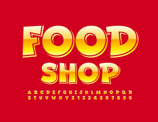 Vector bright logo Food Shop with Glossy Alphabet Letters and Numbers set. Yellow creative Font
