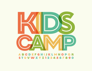 Vector creative sign Kids Camp. Bright artistic Font. Trendy set of Alphabet Letters and Numbers