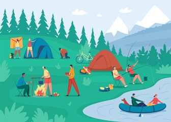 People camp. Friends relaxing near bonfire, cooking food, setting up tent. Tourists camping in forest, summer outdoor activity vector illustration. Men fishing, go boating and having rest - obrazy, fototapety, plakaty