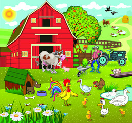 Summer landscape with a farm. A farmer with a pitchfork loads hay into a wheelbarrow. Domestic animals such as cow and pig, geese, ducks and rooster walk around the yard. Living in a village cartoon s