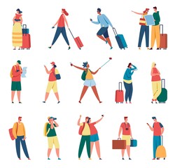 People traveling. Man and woman with backpacks, suitcases. Tourists taking photo, travelers reading map. Summer vacation, tourism activity vector set. Female and male characters with luggage