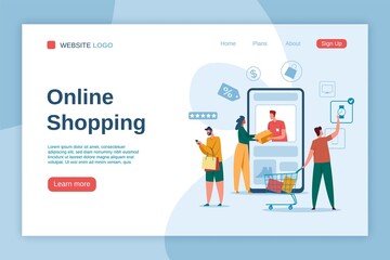 Online shopping landing page. Buyers with shopping bags. Online delivery, digital marketing, e-commerce advertising, website interface vector template. Man with cart, woman receiving parcel
