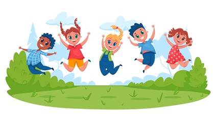 Obraz na płótnie Canvas Kids jumping on meadow. Happy children having fun outside in summer. Boys and girls playing together. Outdoor activity cartoon vector illustration. Cheerful characters spend time on nature