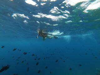 Fototapeta na wymiar Silhouette of scuba diver and sunlight in the blue water