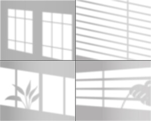 Window shadows. Realistic light overlay wall shade with tropical monstera plants grey shows effect interior elements vector set. Natural sunlight from jalousie. Empty wall with reflection