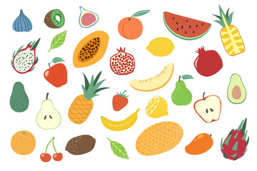 Fruits. Doodle apple, orange and pear, lemon and watermelon, cherry and pineapple, kiwi. Banana, peach and avocado vegan food, juicy fruit vector set. Natural tasty products collection