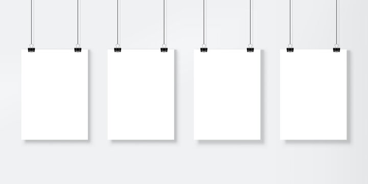 Poster mockup. Blank photo, picture paper frame template with holders and ropes for portfolio, gallery and display. Empty white banners vector set. Paper sheets hanging on binders on wall