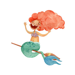 Cute watercolor illustration with a little mermaid flying on a broomstick