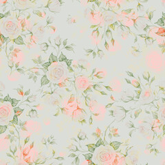  Seamless floral pattern drawn by paints on paper blooming branches of roses