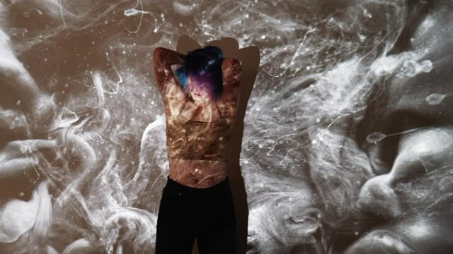 Emotional burnout. Anxiety attack. Nervous breakdown. Stress paranoia. Disturbed annoyed frustrated woman suffering from headache clutching head in gray smoke cloud explosion.